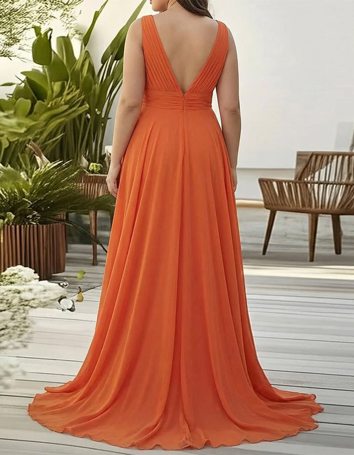 Vestido largo de chifón con escote pronunciado en V y superposiciones, de color liso
