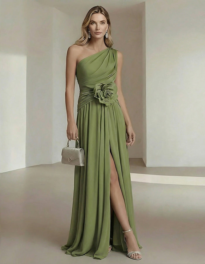 Robe longue en mousseline olive drab à une épaule avec fleurs 3D et fente haute