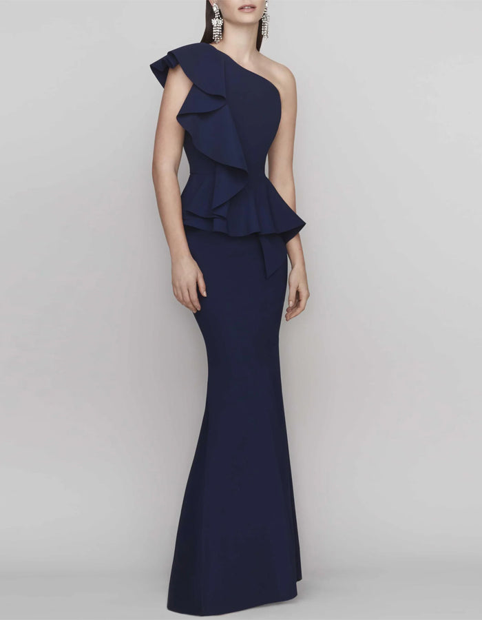 Marineblaues Maxikleid mit Ein-Schulter-Rüschen, tailliert und Fischschwanz