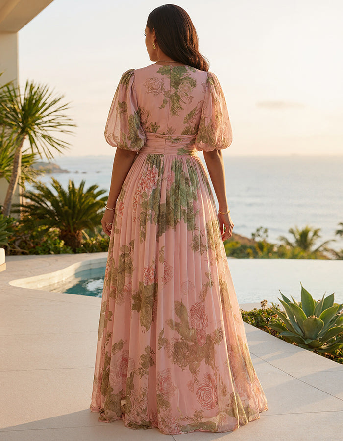 Rochie maxi roz cu flori din șifon, cu decolteu adânc în V și imprimeu floral 3D