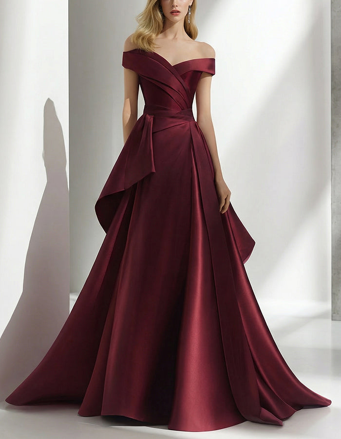 Rochie maxi burgundy din satin, cu umerii goi, talie răsucită, talie strânsă și trenă