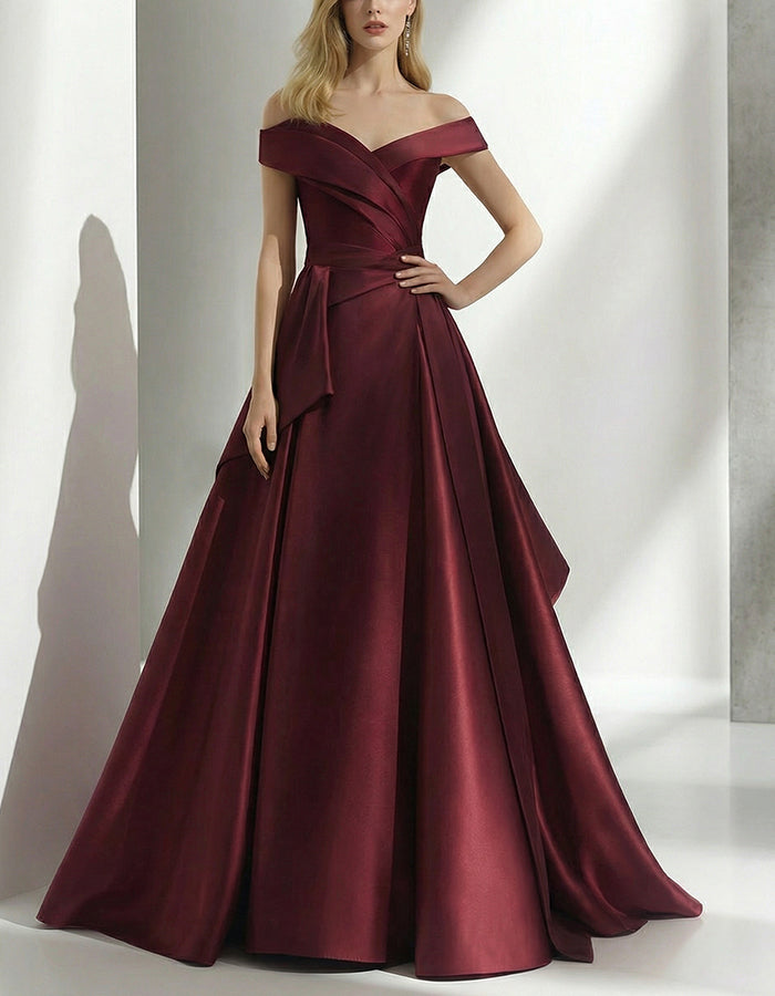 Burgundy Satin Off Shoulder Twist Waist Cinched Train Maxi Dress