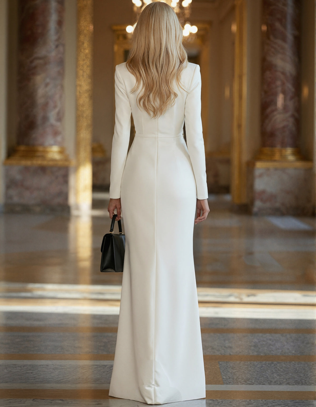 Robe longue en satin blanc, décolleté en V profond avec broderie de branches dorées et fente haute