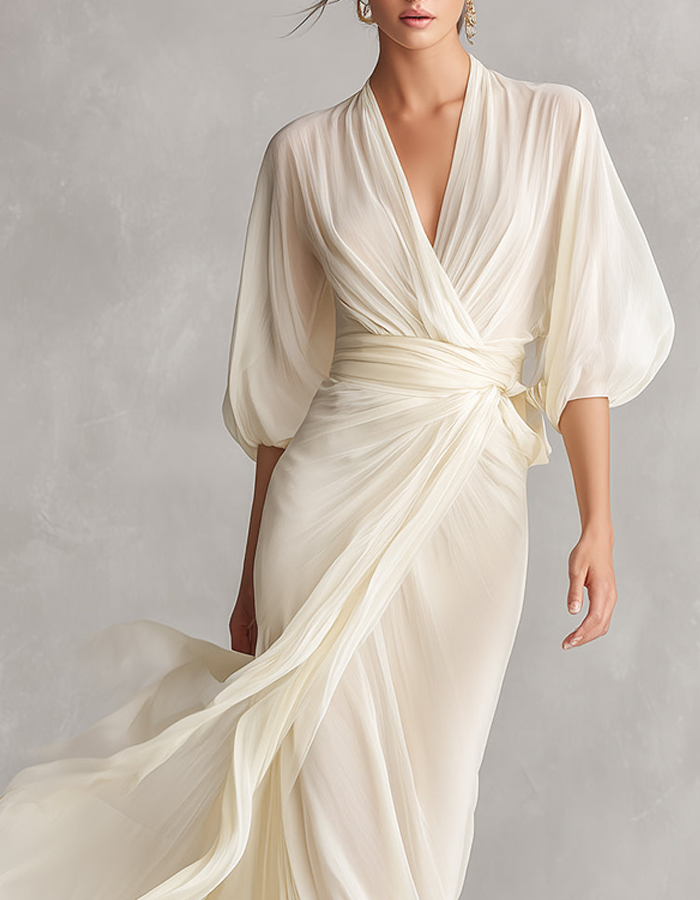 Weißes Chiffon-Maxikleid mit Wickeloptik und V-Ausschnitt