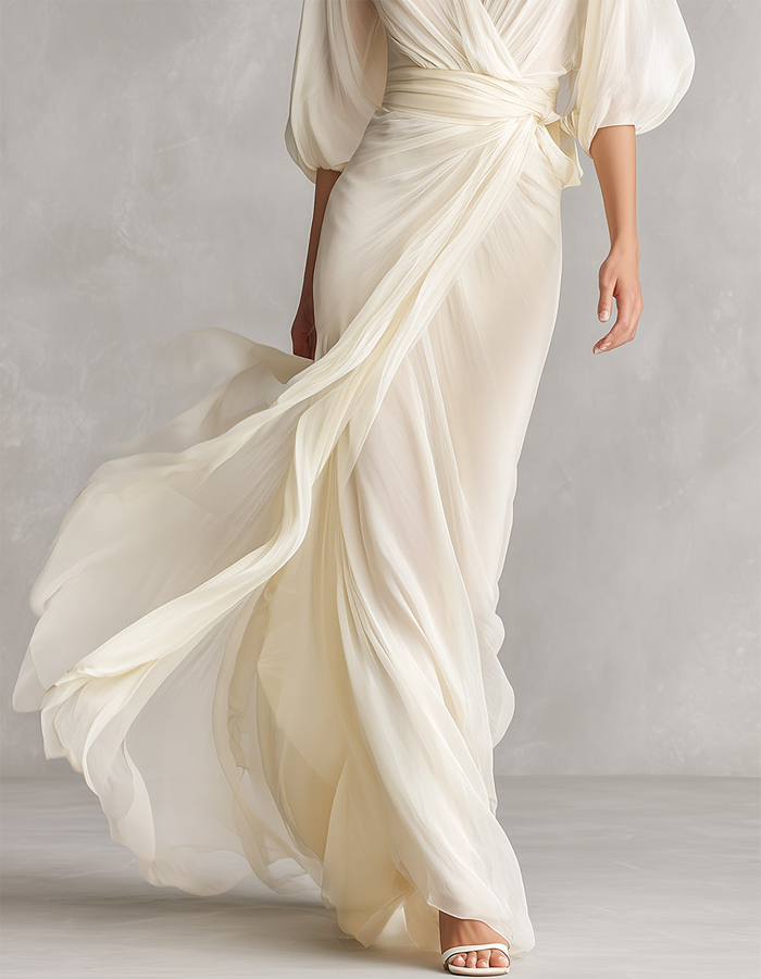 Weißes Chiffon-Maxikleid mit Wickeloptik und V-Ausschnitt