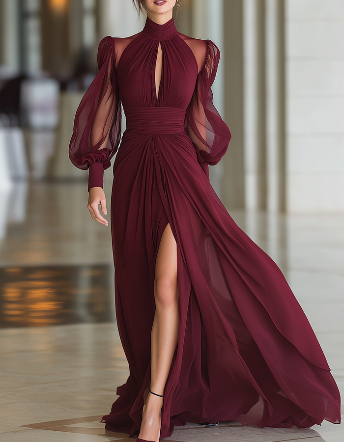 Vestido Maxi de Gola Alta em Chiffon Borgonha