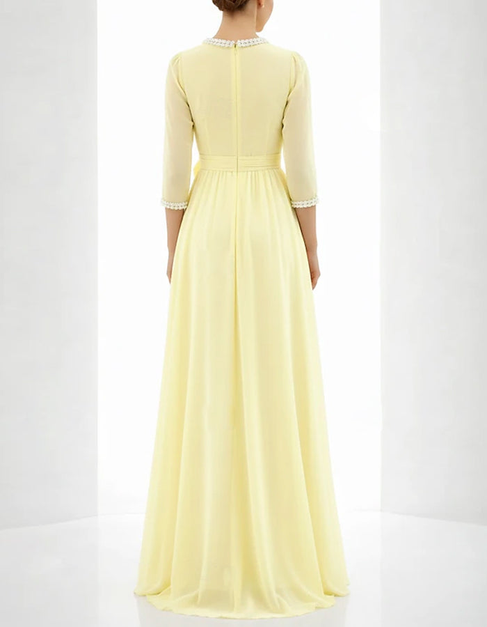 Einfarbiges Maxikleid aus Chiffon mit Perlen, Rundhalsausschnitt und 3D-Blumen in der Taille