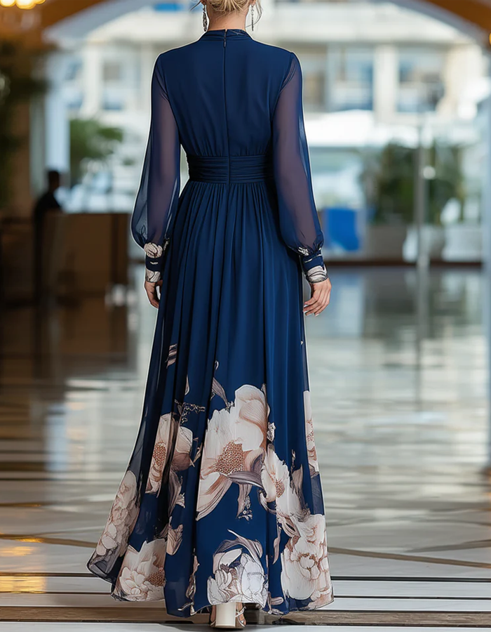 Vestido Maxi de Chiffon Azul Marinho com Decote em V