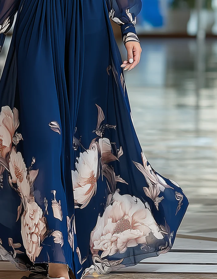 Vestido Maxi de Chiffon Azul Marinho com Decote em V