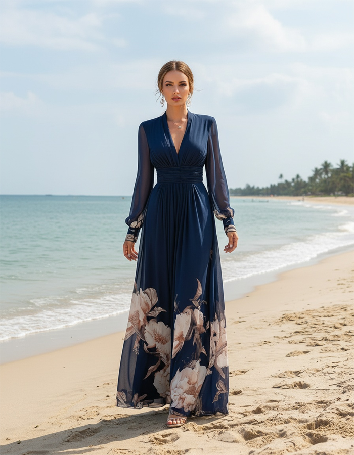 Vestido Maxi de Chiffon Azul Marinho com Decote em V