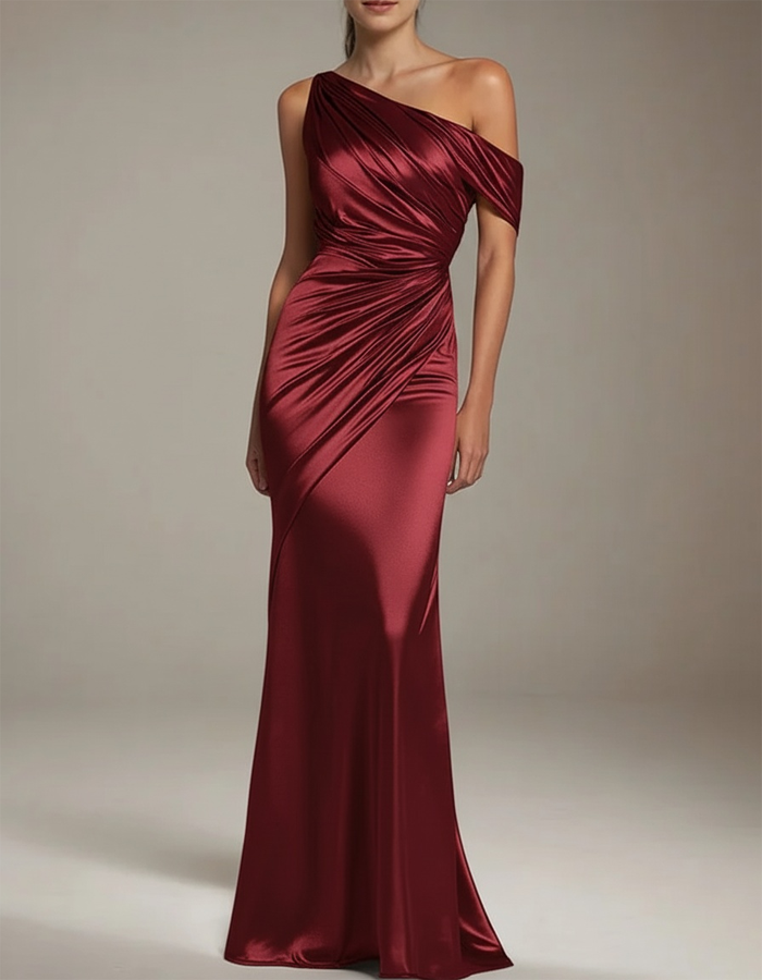 Leuchtendes Satin-Maxikleid mit asymmetrischem One-Shoulder-Design