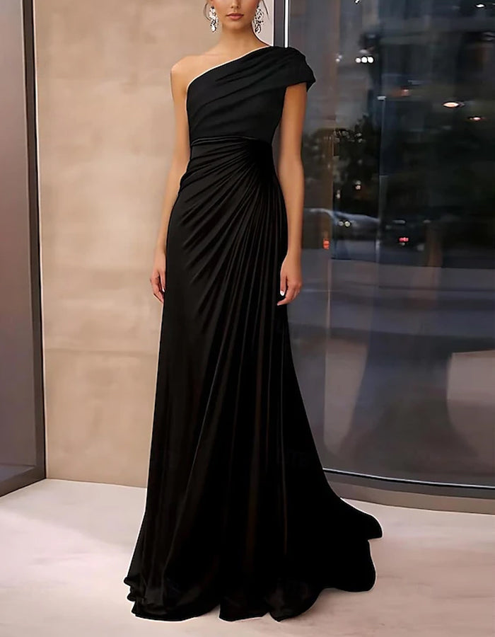 Color Blocked Satin One Shoulder Pleated Train Maxi Dress