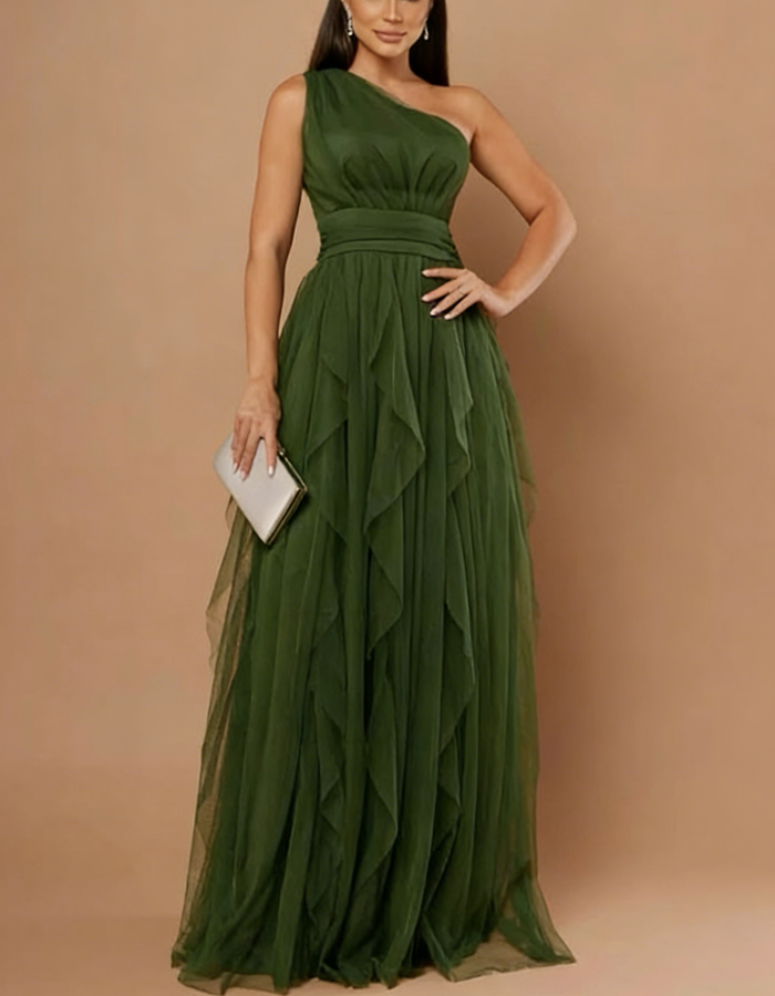 Vestido maxi de chiffon com um ombro só e cintura ajustada