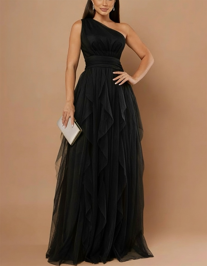 Vestido maxi de chiffon com um ombro só e cintura ajustada