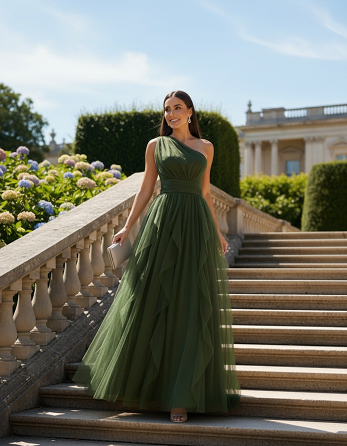 One-shoulder Fitted-waist Chiffon Maxi Dress