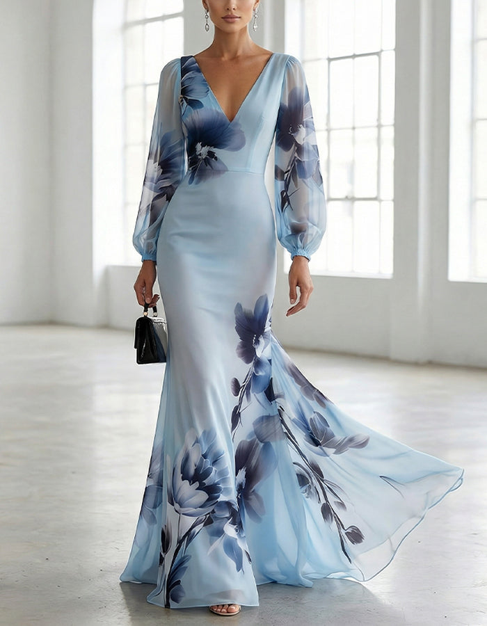 Vestido maxi de chifón con cuello en V, mangas largas, estampado floral en aguada degradado azul claro