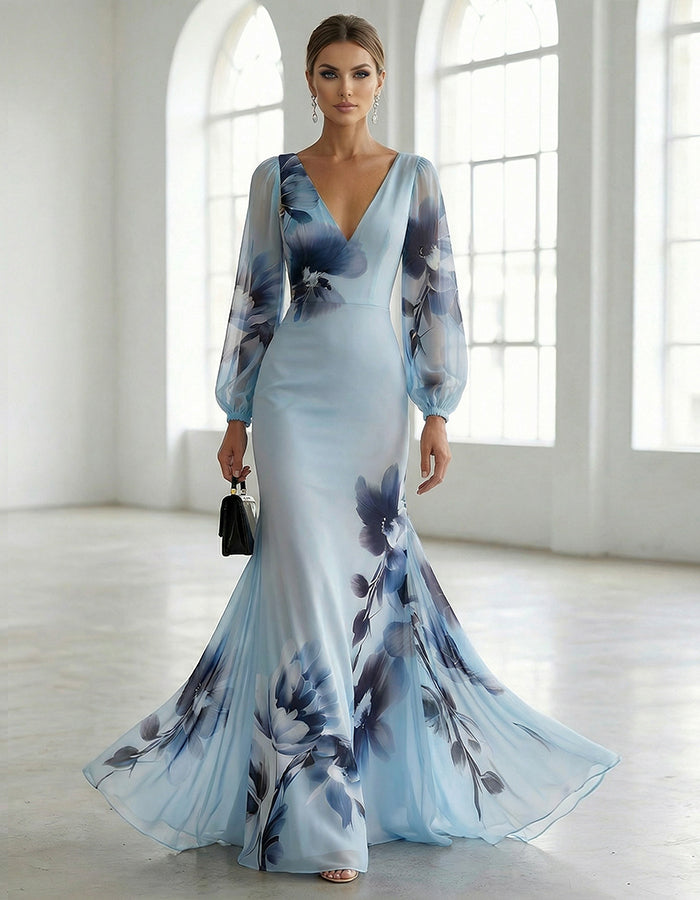 Abito lungo in chiffon con maniche lunghe, scollo a V e stampa floreale sfumata azzurro chiaro effetto inchiostro