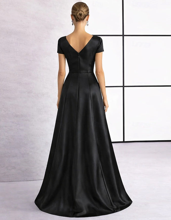 Einfarbiges Maxikleid aus Satin mit 3D-Blumenverzierung, V-Ausschnitt und Schlitz