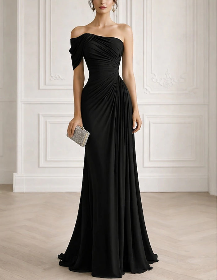 Einfarbiges Maxikleid aus Chiffon mit einer Schulter und verdrehtem Drape