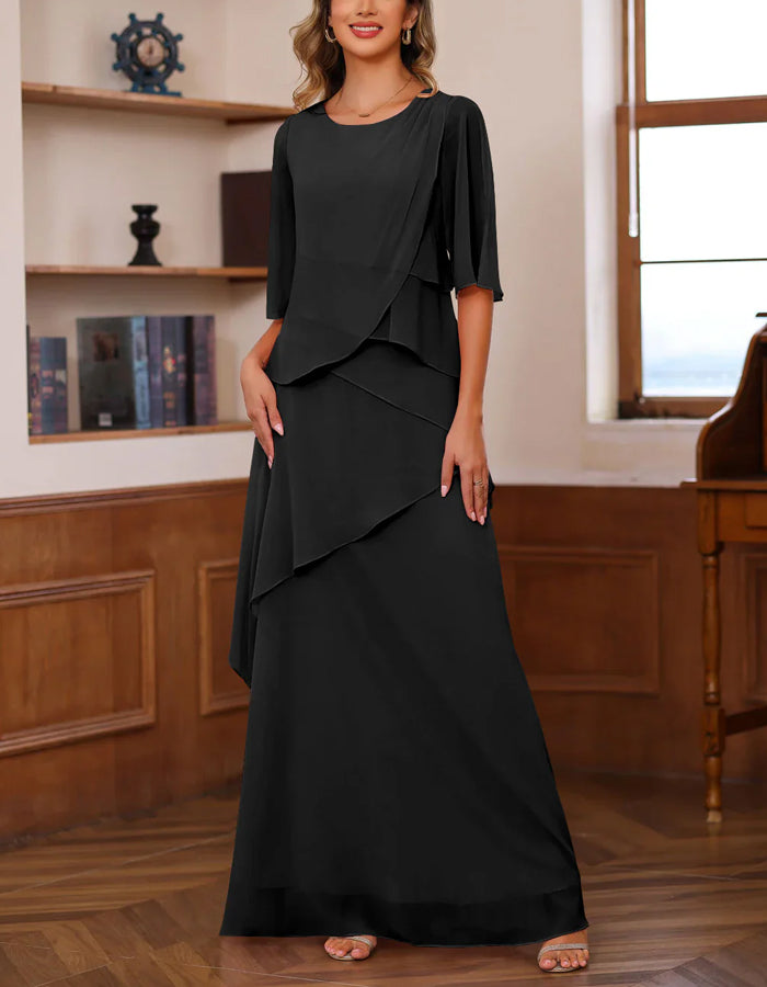 Vestido Maxi de Chiffon de Cor Sólida com Camadas Irregulares