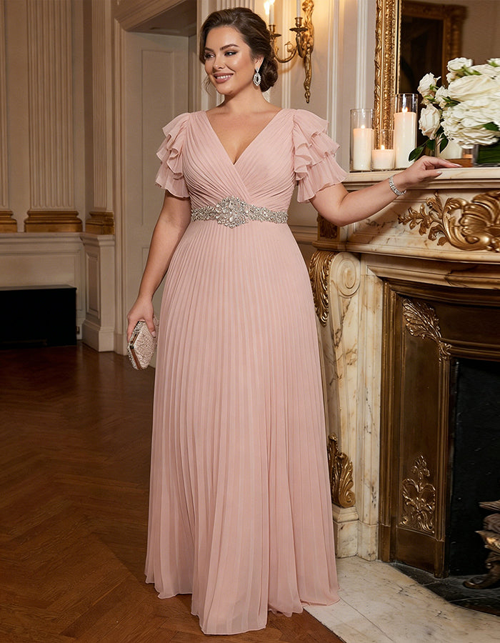 Pink Chiffon Ruffle Sleeves Maxi Dress