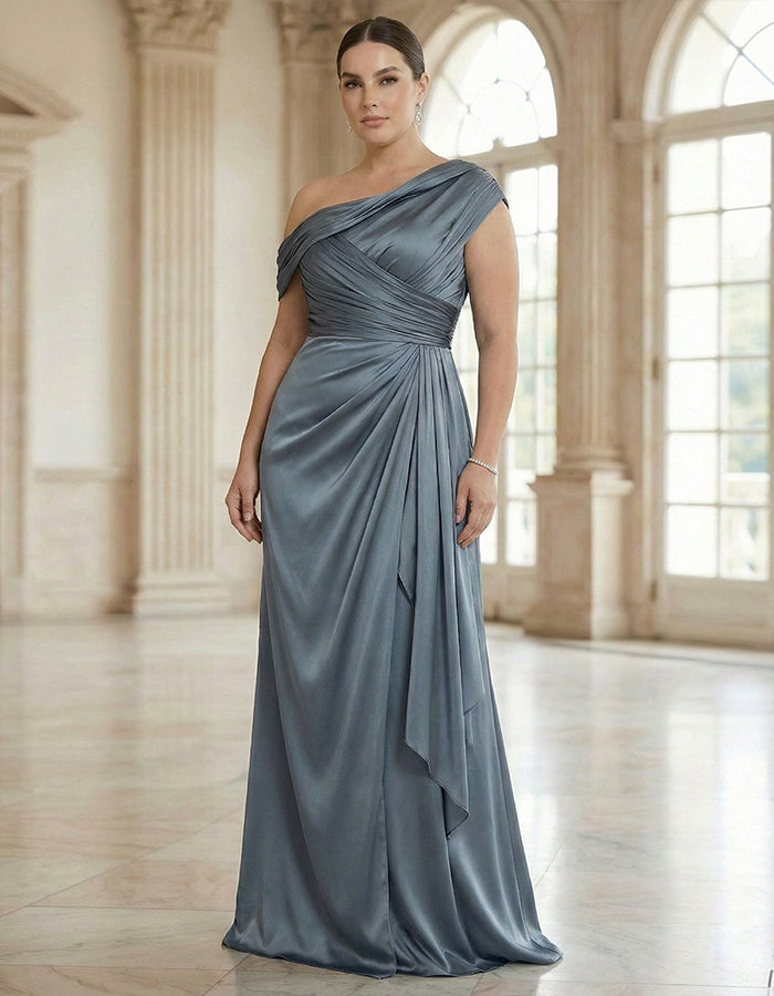 Dusty Blue Satin One Shoulder Twisted Drape Maxi Dress