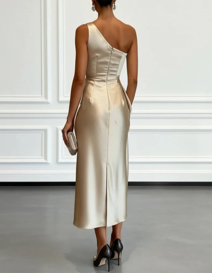Solid Color Satin One Shoulder Pleated Midi Dress
