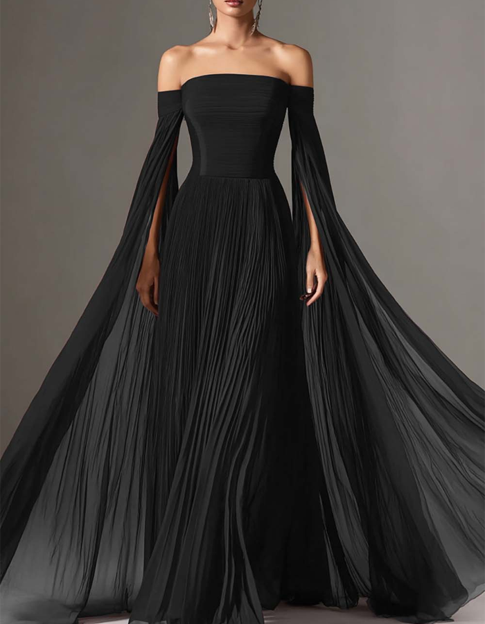 Maxikleid mit schulterfreiem Ausschnitt und plissierten Schalkragenärmeln