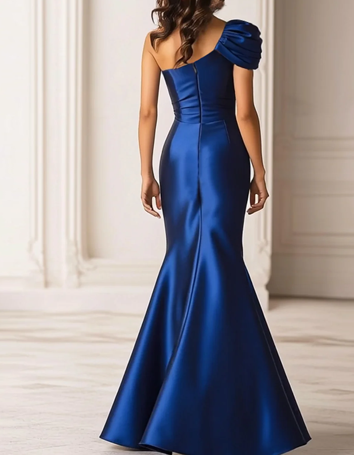 One-Shoulder Pleated Satin Mermaid Maxi Dress