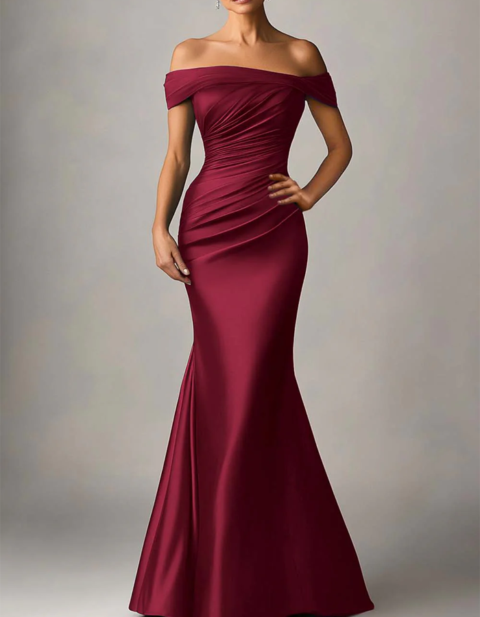 Rochie maxi sirenă plisată din satin, cu umerii goi