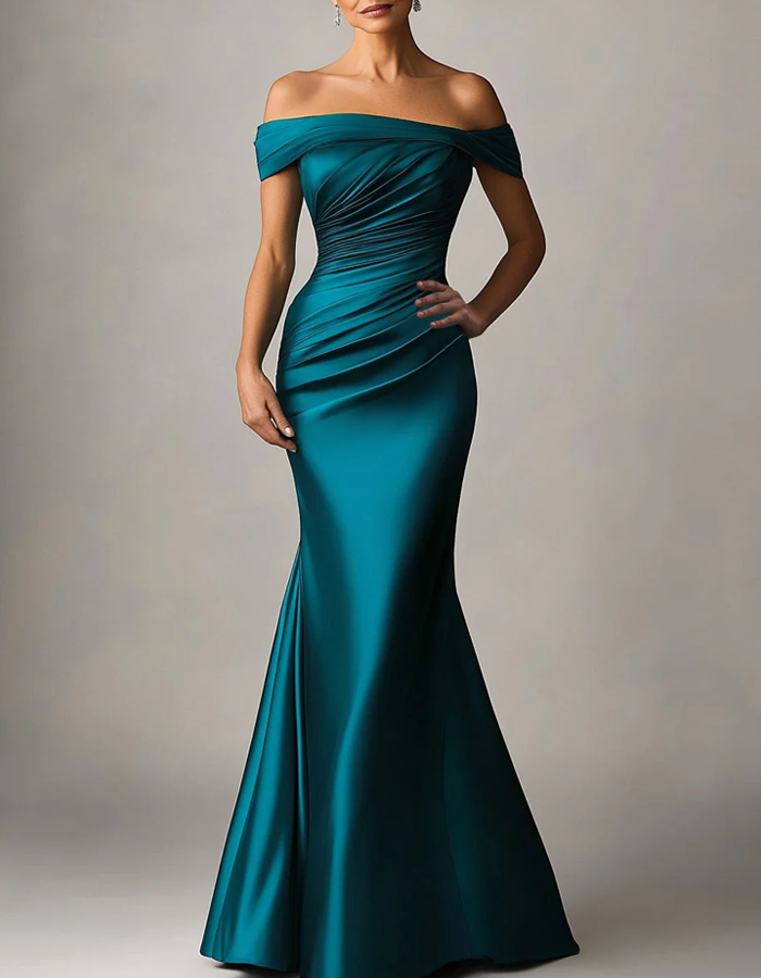 Rochie maxi sirenă plisată din satin, cu umerii goi
