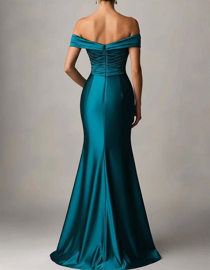 Vestido largo sirena de satén plisado con escote barco