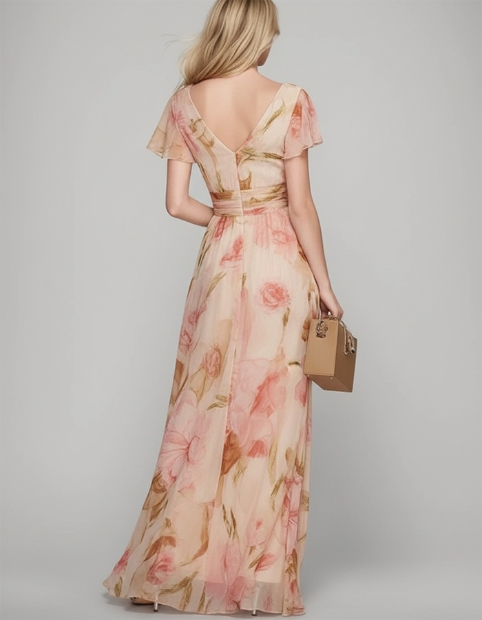 Vestido Maxi de Chiffon com Estampa e Decote em V