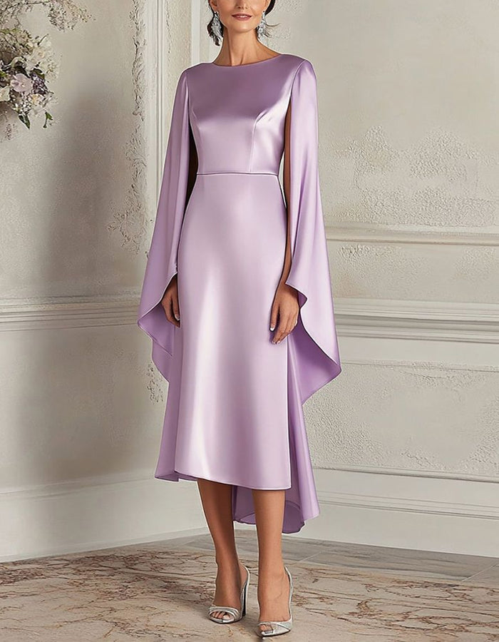 Vestido Midi Roxo Taro de Cetim com Capa, Mangas Ajustadas e Cintura Marcada