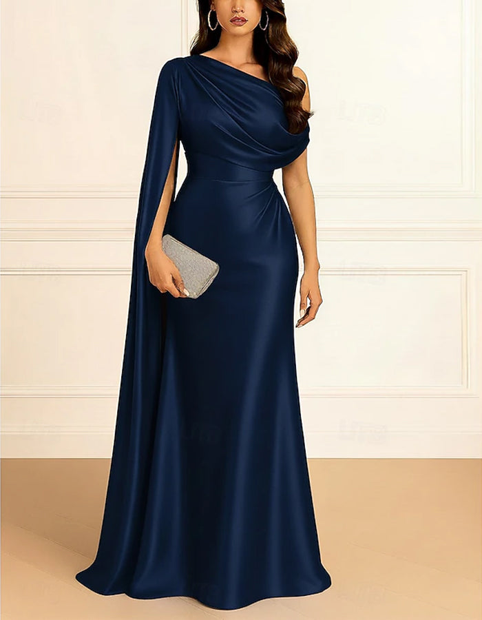 Vestido Maxi Azul Marinho de Cetim com Capa e Um Ombro Só, Cauda de Peixe