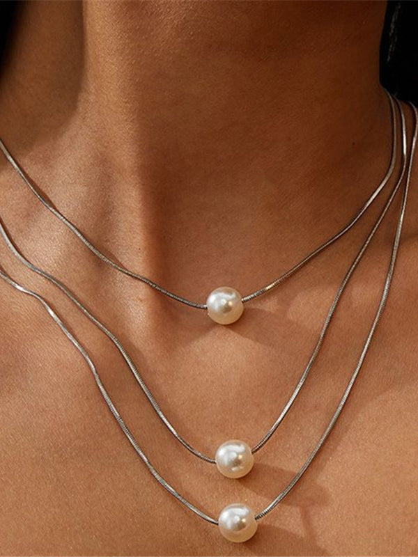 Geometric Thin Chain Snake Bone Multi Layered Pearl Necklace