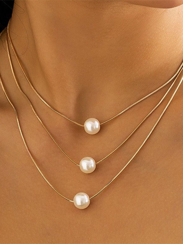 Geometric Thin Chain Snake Bone Multi Layered Pearl Necklace