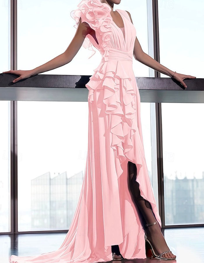 Vestido maxi de chiffon com decote em V e folhos para cerimónia