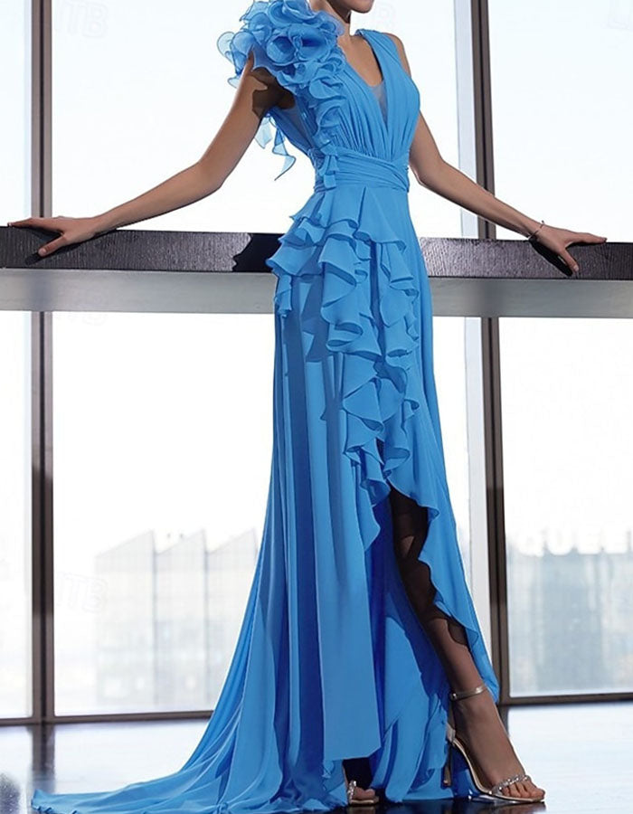 Vestido maxi de chiffon com decote em V e folhos para cerimónia