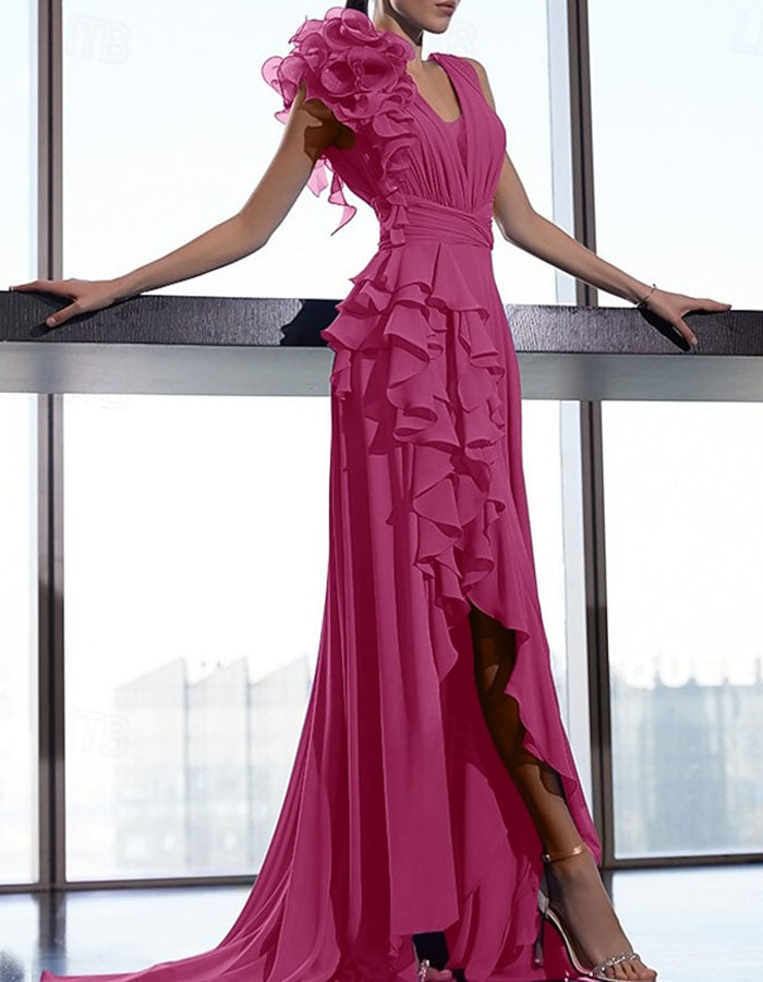 Vestido maxi de chiffon com decote em V e folhos para cerimónia