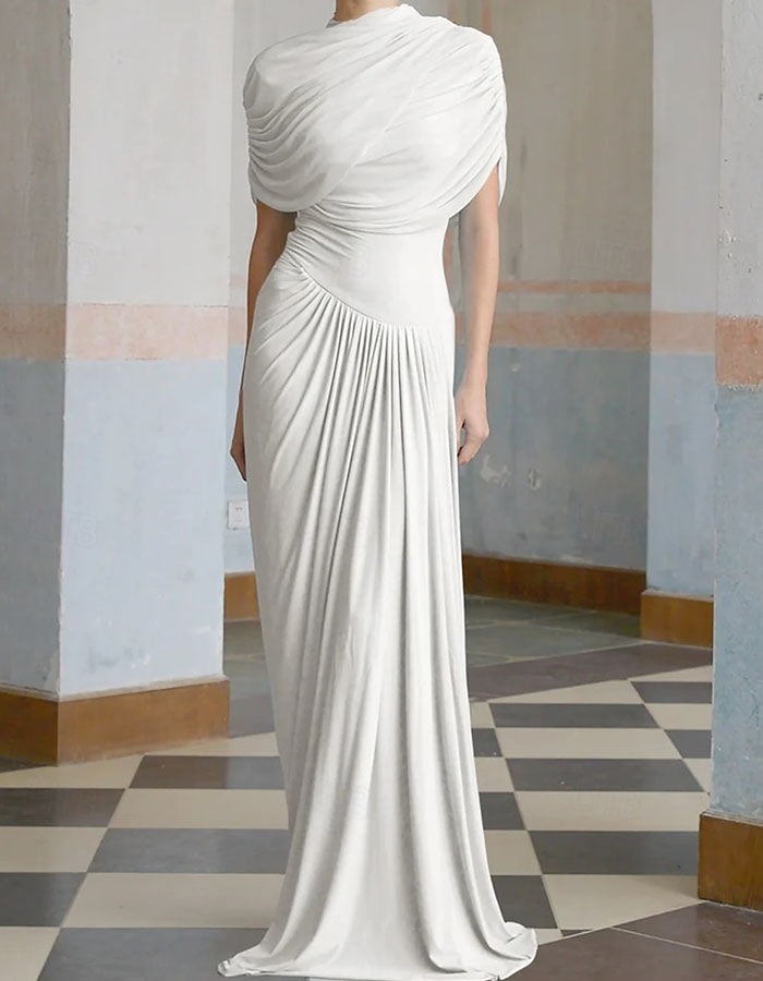 Vestido maxi columna con cuerpo drapeado y cuello alto  