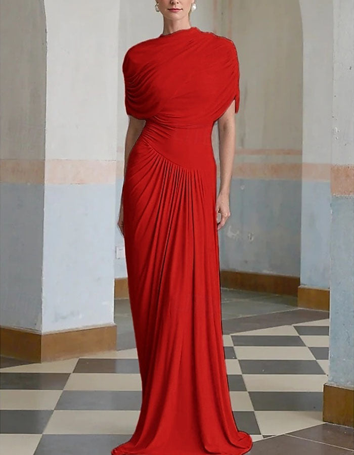 Vestido maxi columna con cuerpo drapeado y cuello alto  