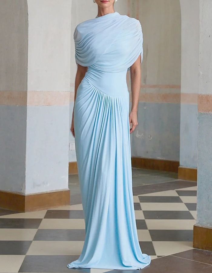 Vestido maxi columna con cuerpo drapeado y cuello alto  
