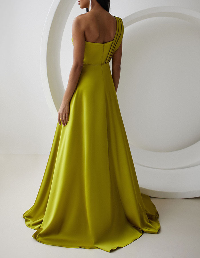Ein-Schulter Satin Blumenmuster Maxikleid