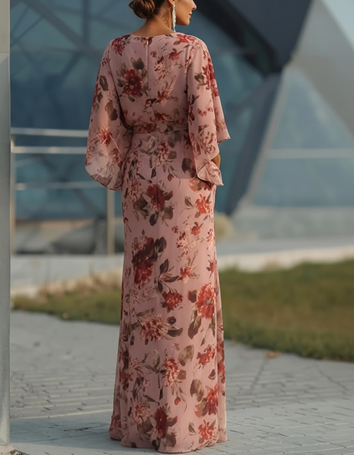 Vestido maxi plisado de gasa con mangas murciélago y estampado floral rosa