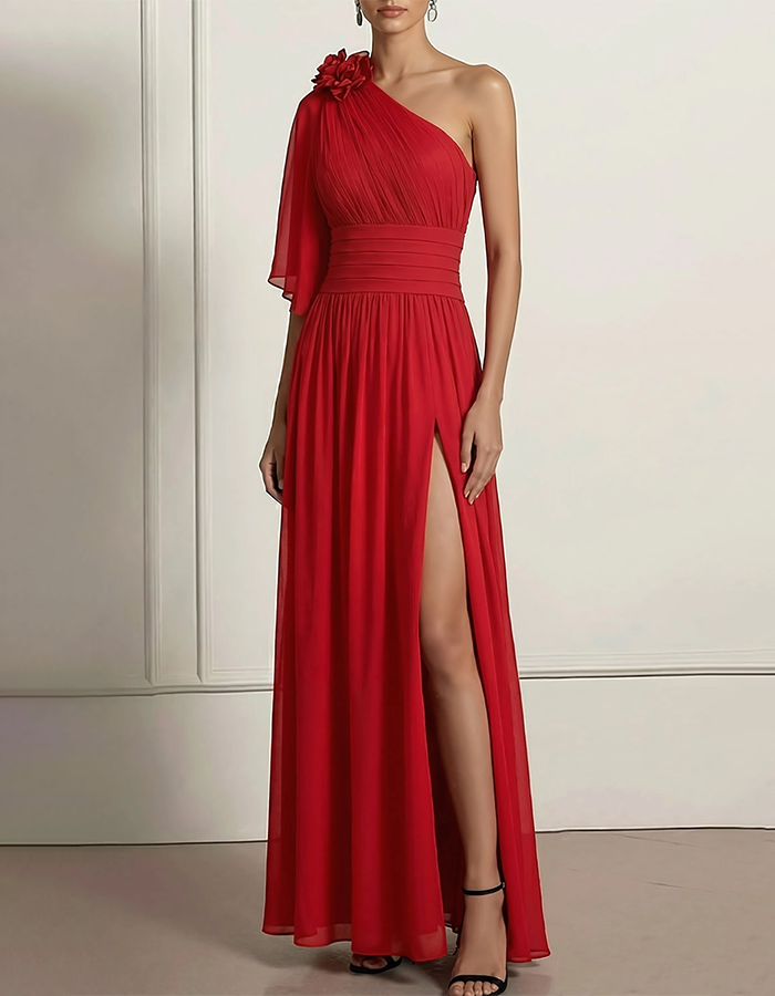 One-Shoulder Chiffon Floral Maxi Dress