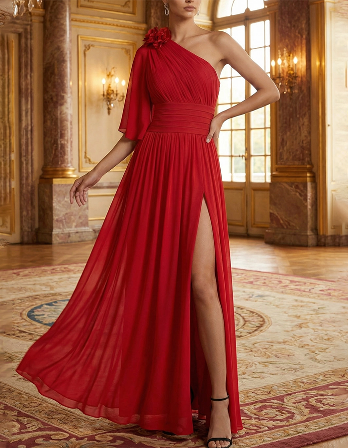 Rochie maxi florală din chiffon, cu un umăr gol