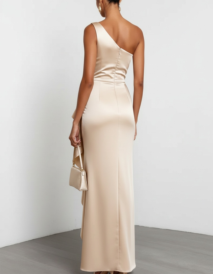 Champagne Satin One-Shoulder Draped Maxi Dress