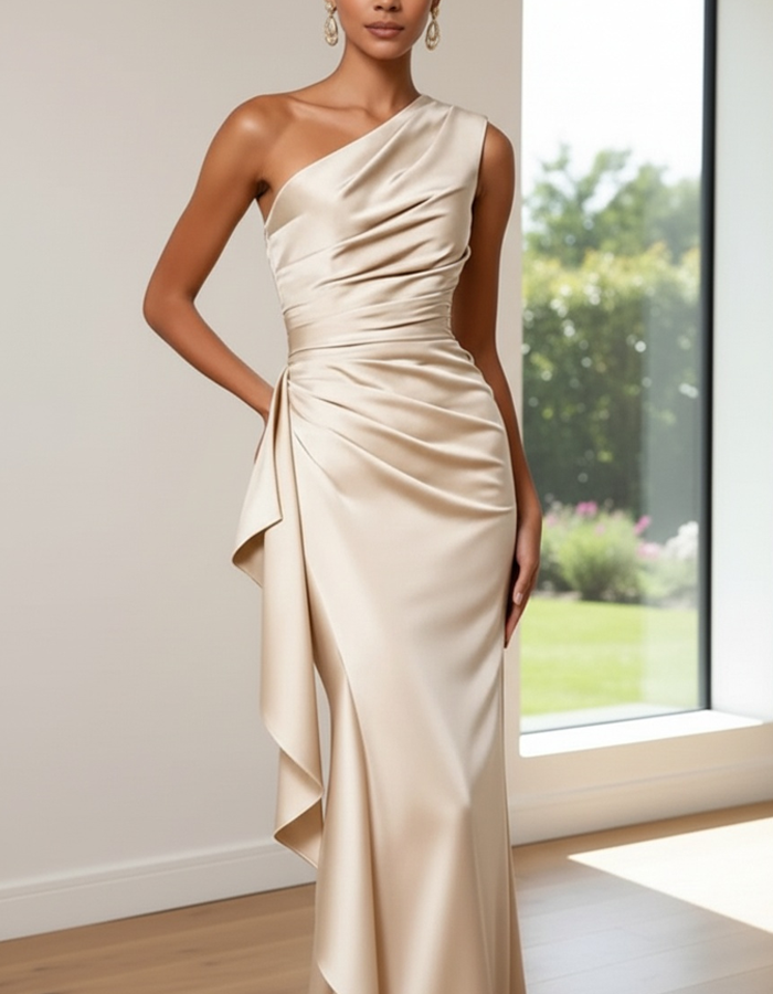 Champagne Satin One-Shoulder Draped Maxi Dress