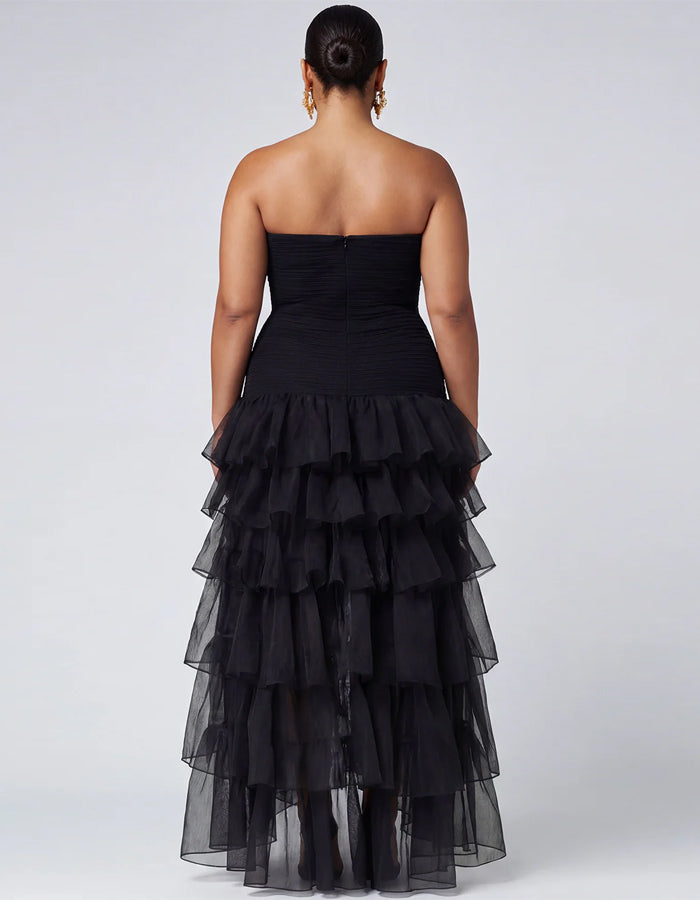 Plus Size Black Strapless Layered With Organza Maxi Dress